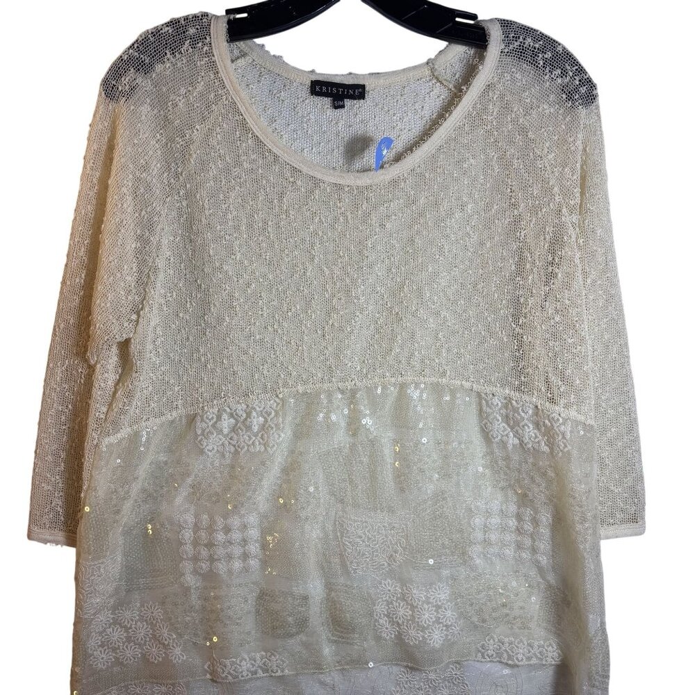 Kristine Boho Sheer Knit Top With Lace & Sequin Layer Cream S/M Polyester